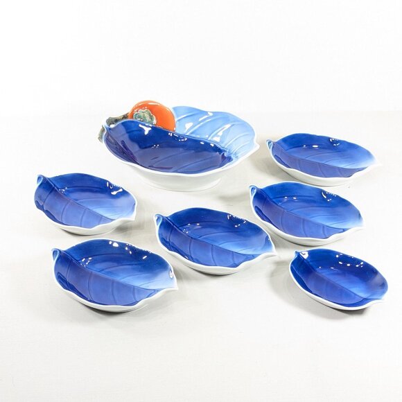 Fukagawa Seiji Japanese porcelain Leaf shaped dishes, Blue Persimmon sauce soy - Picture 4 of 16